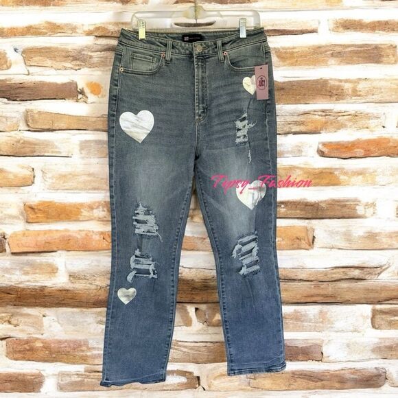 Juicy by Juicy Couture Distressed Straight Leg Jeans Metallic Heart Accents 10 - Picture 1 of 9